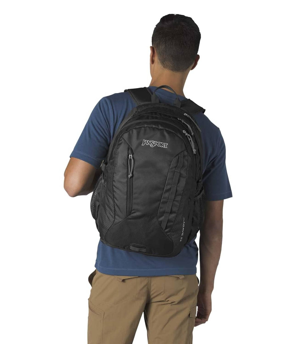 JanSport black hiking backpack shown from back with padded harness and logo