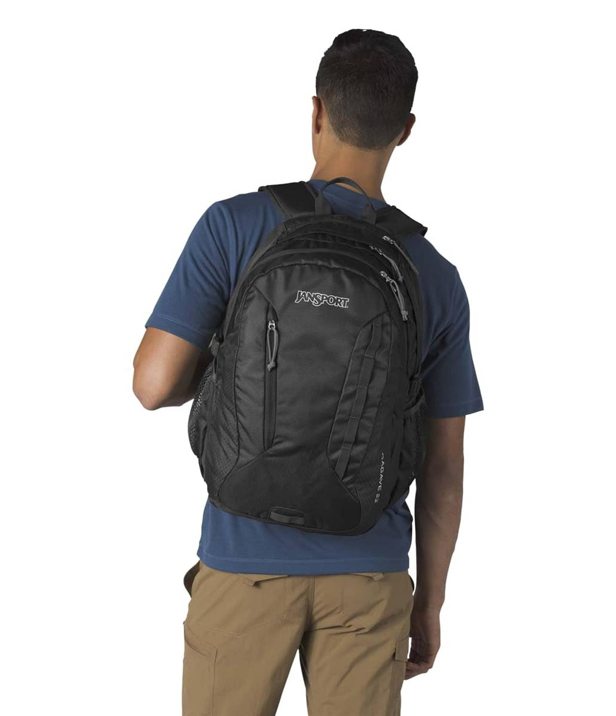 JanSport black hiking backpack shown from back with padded harness and logo