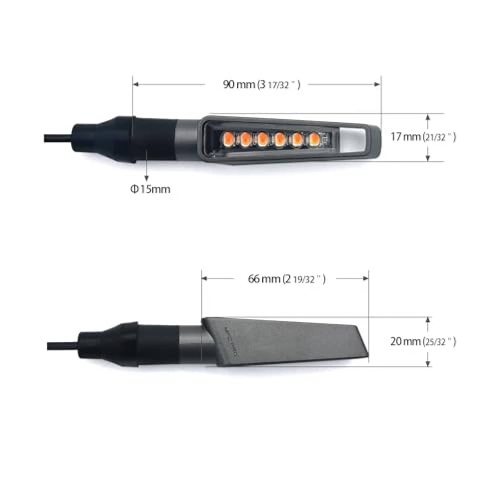 Space grey motorcycle LED turn signal lights with measurement diagram and connector end sizes