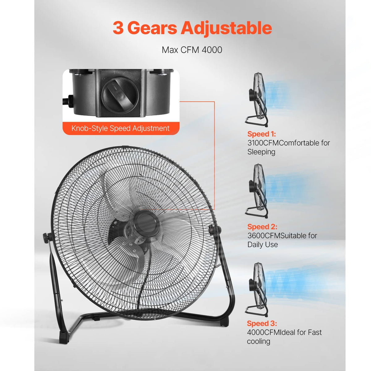 Black floor fan with 3-speed adjustment knob and adjustable tilt stand