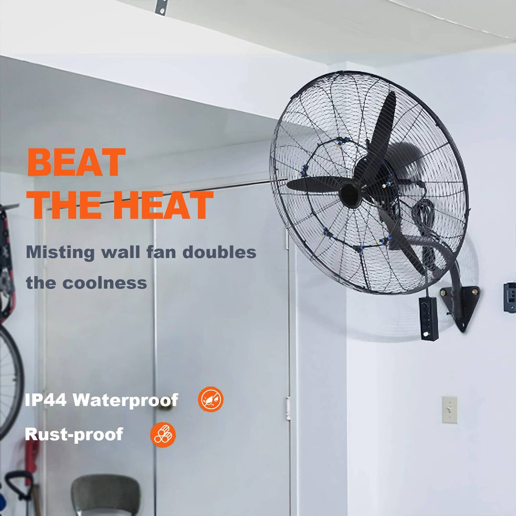 Wall-mount misting fan with black motor housing and front fan grille on a wall