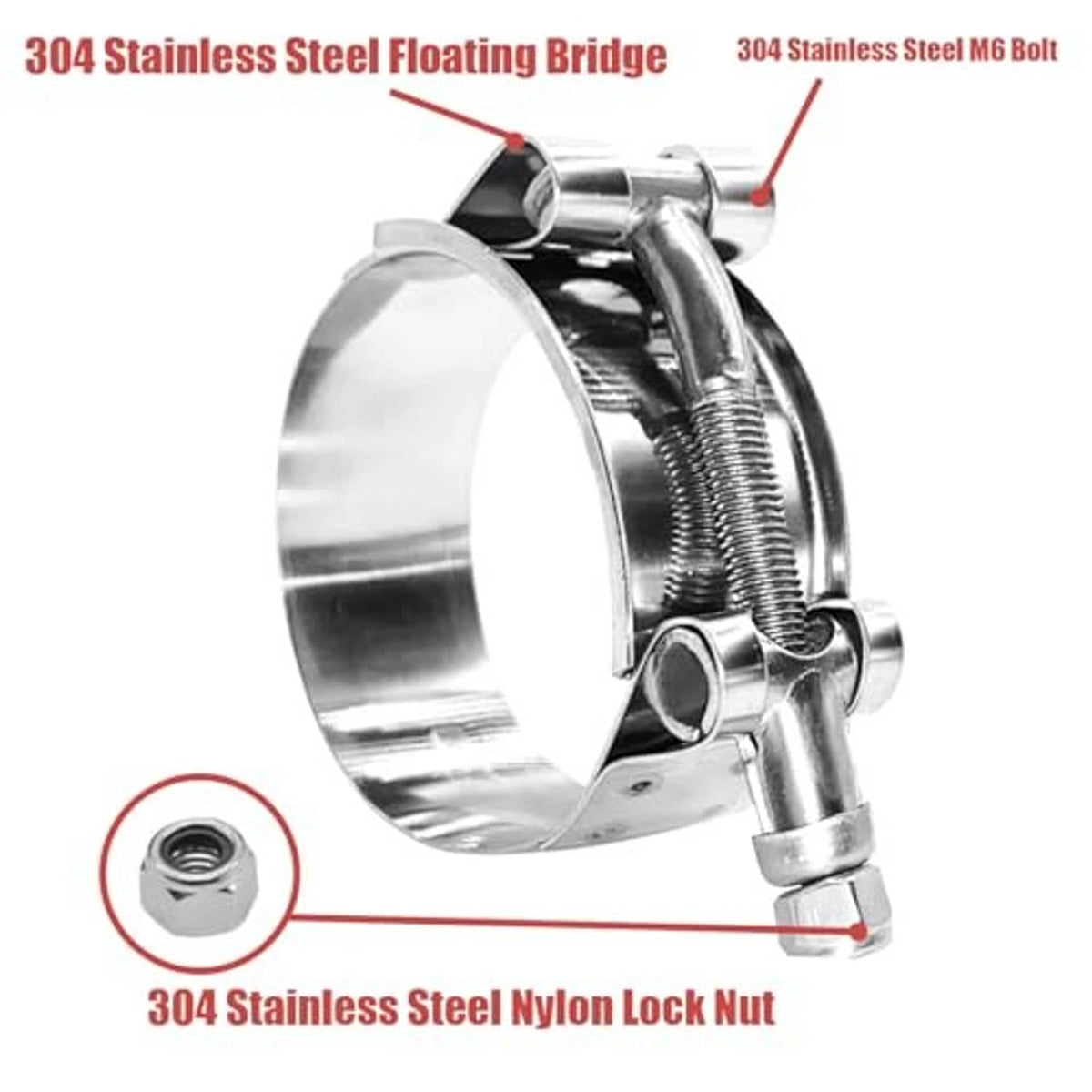 T-bolt hose clamp labeled components: floating bridge, M6 bolt, nylon lock nut