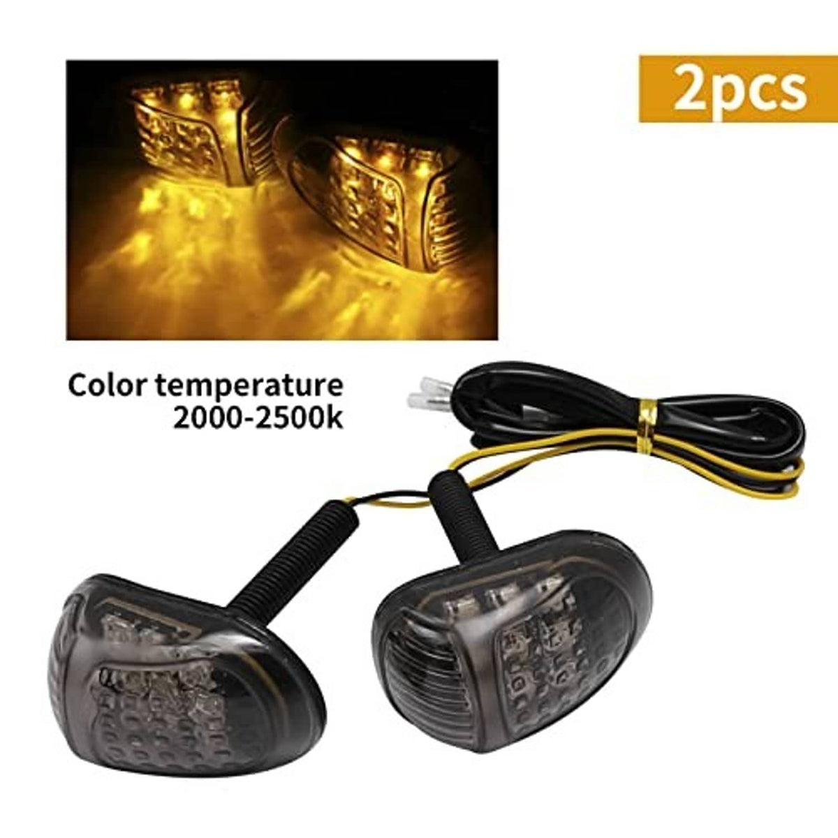 2-pack amber LED motorcycle turn signals with black housing and attached wire leads