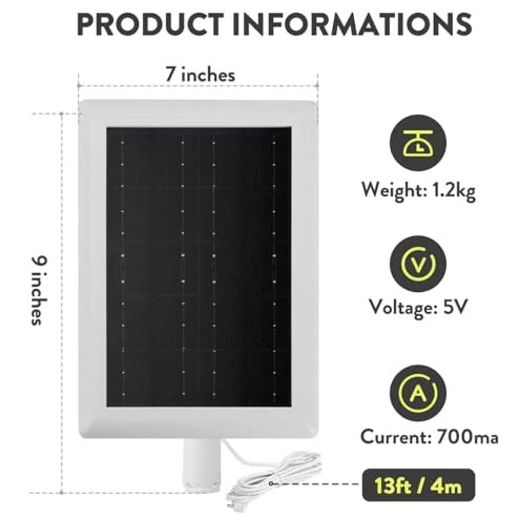 White 5V solar panel charger with size and power specs on diagram