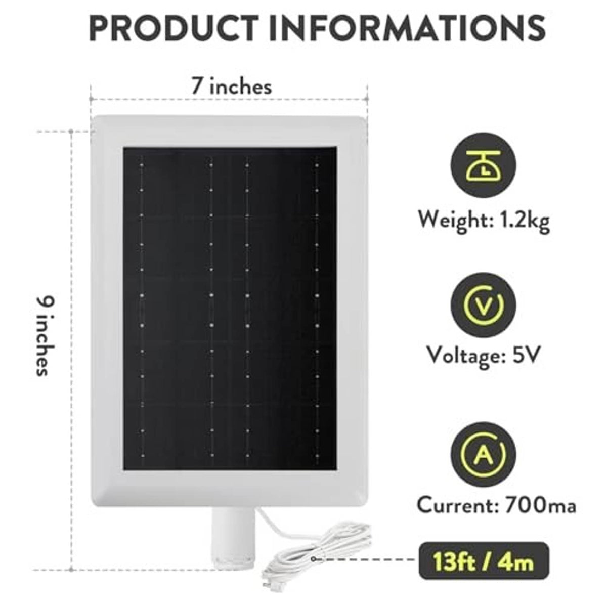 White 5V solar panel charger with size and power specs on diagram