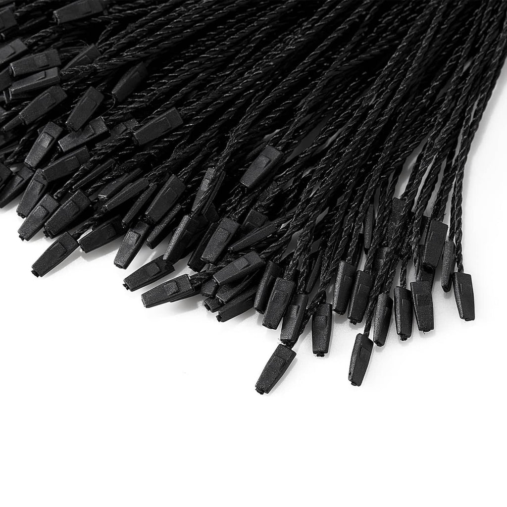 Close-up of black braided loop strings with rectangular snap-lock clip ends