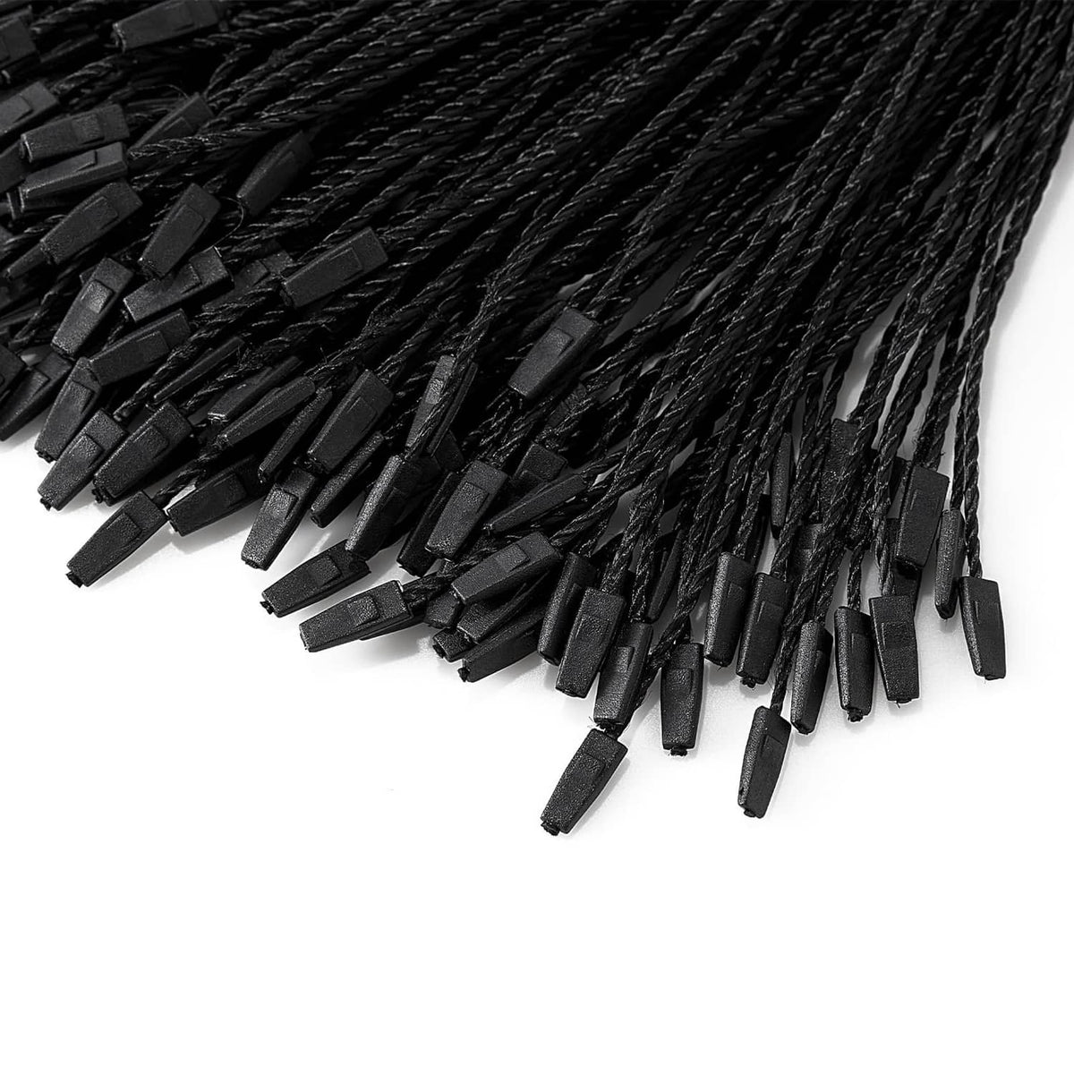Close-up of black braided loop strings with rectangular snap-lock clip ends