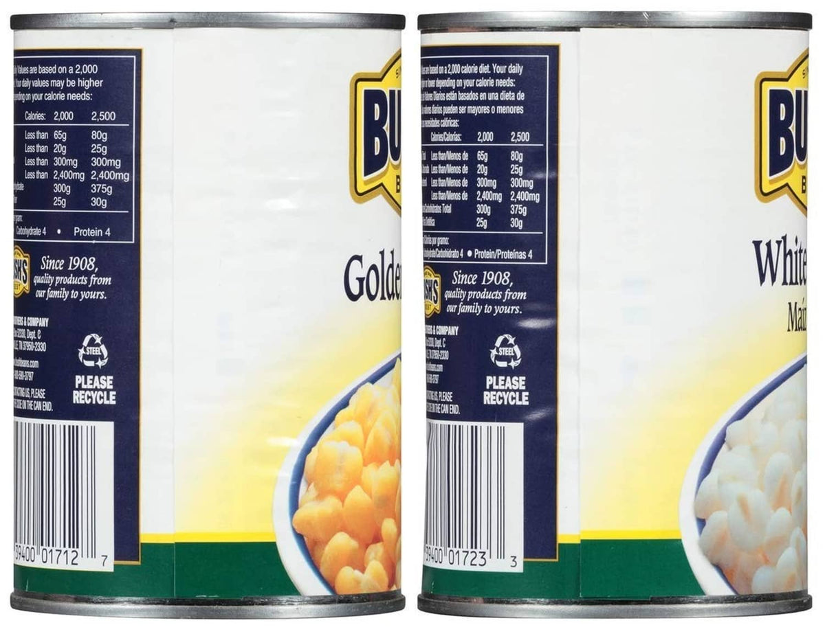 Bush's Best Golden Hominy and White Hominy cans back with Nutrition Facts