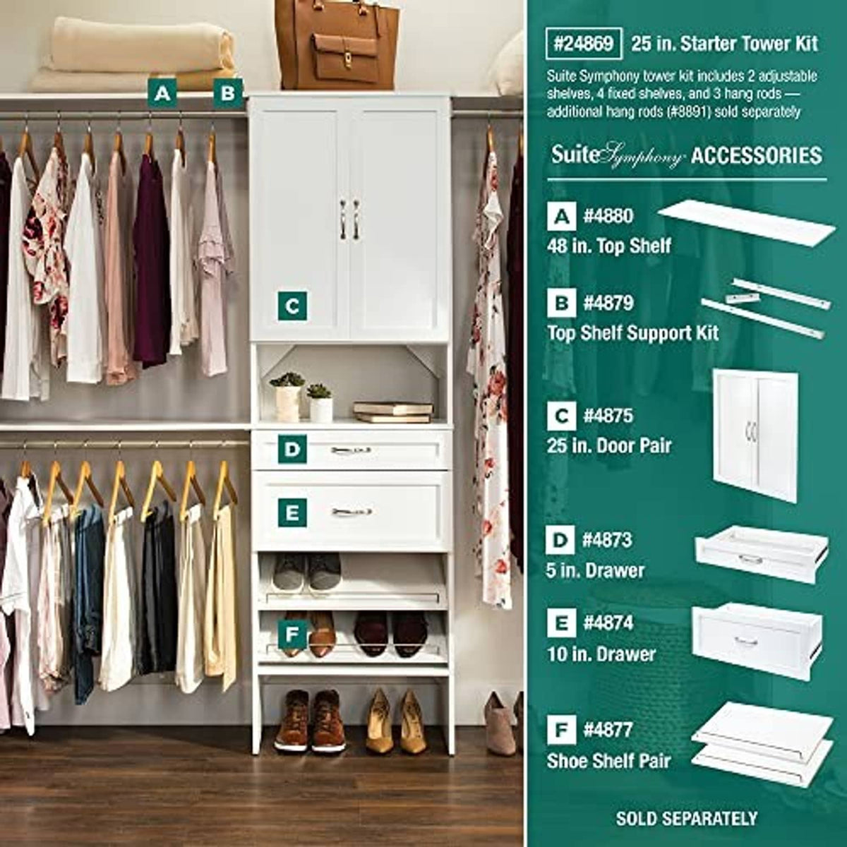 White closet organizer section with multiple doors and drawers in shaker style