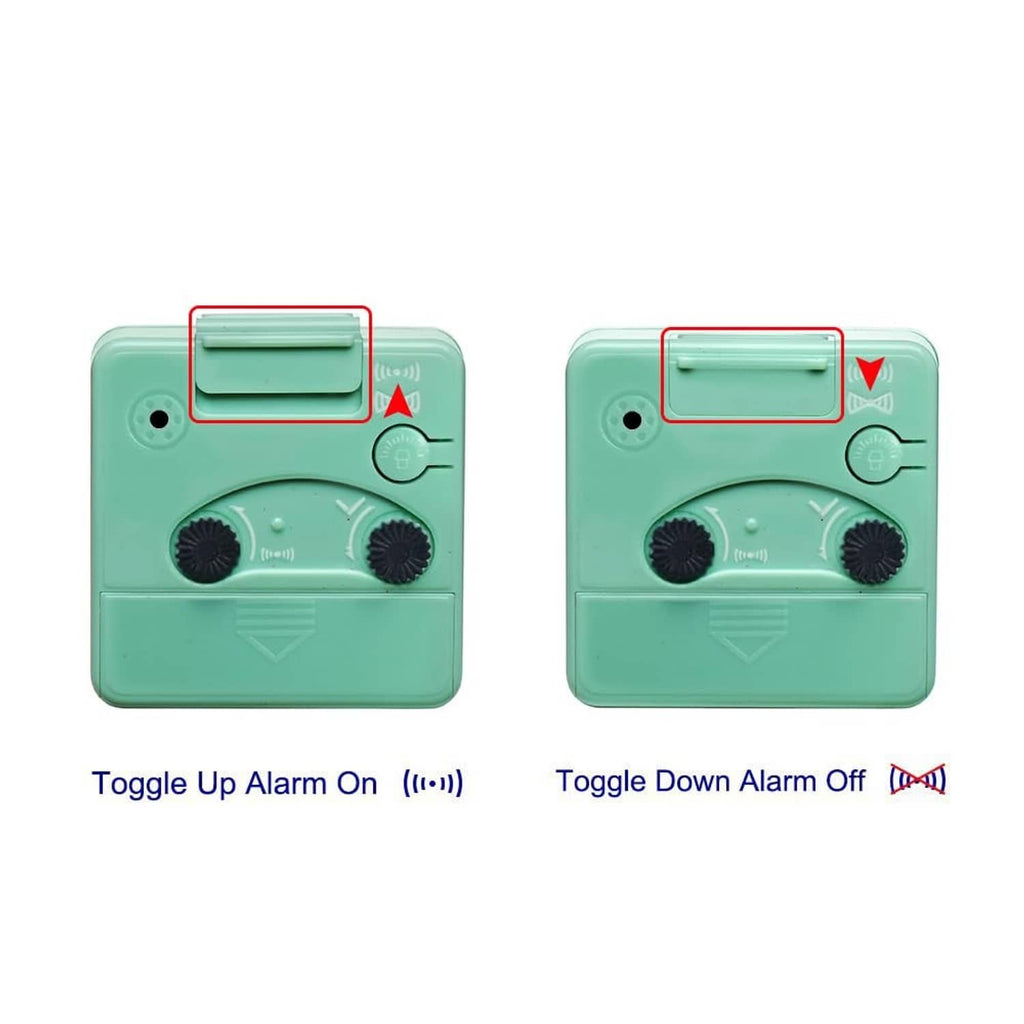 Mint teal back of travel alarm clock with alarm toggle switch indicators
