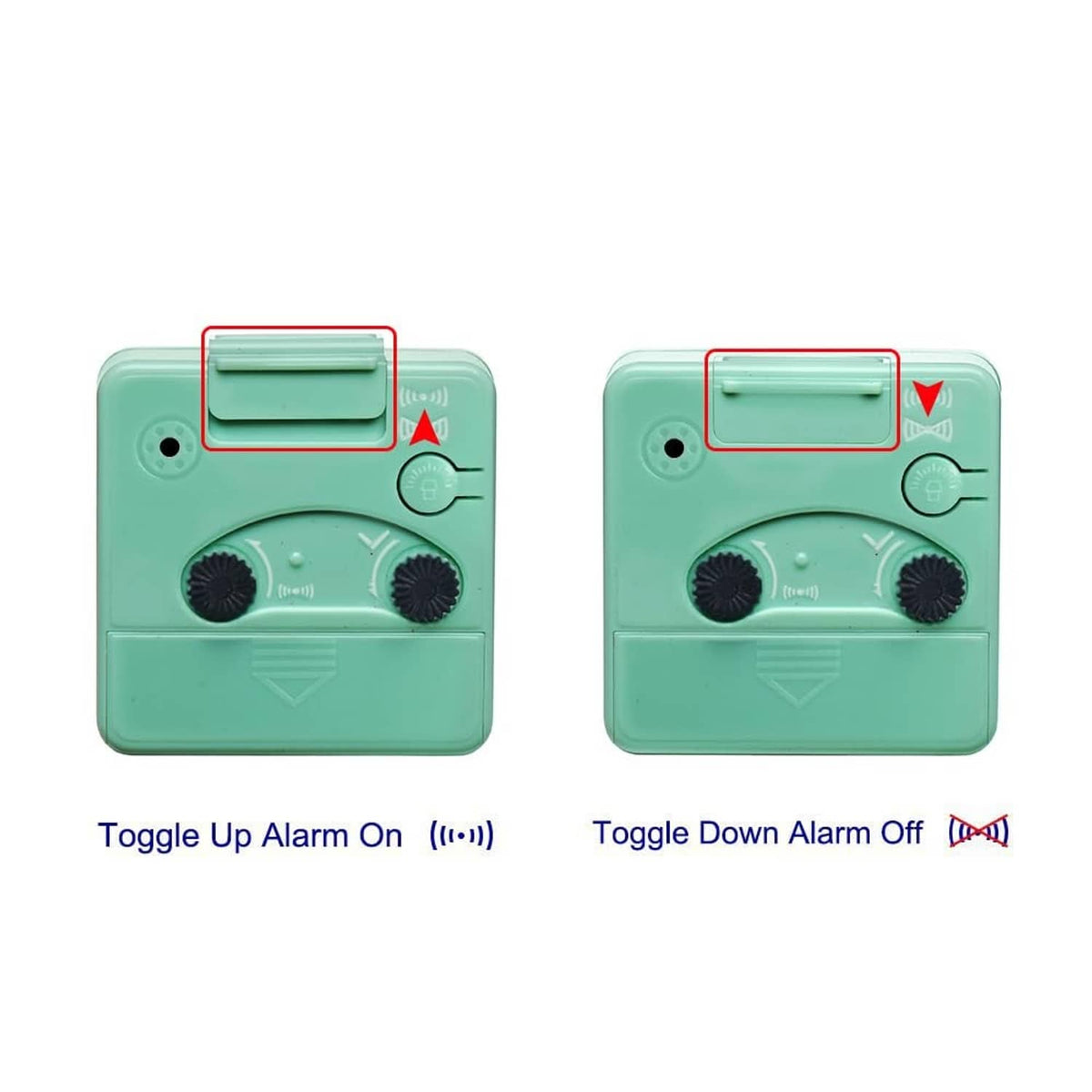 Mint teal back of travel alarm clock with alarm toggle switch indicators
