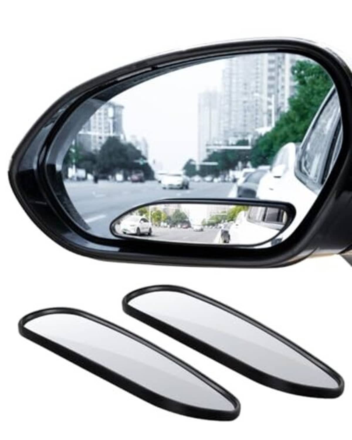 Pair of black oval blind spot mirrors with reflective lens and curved mounting strips.