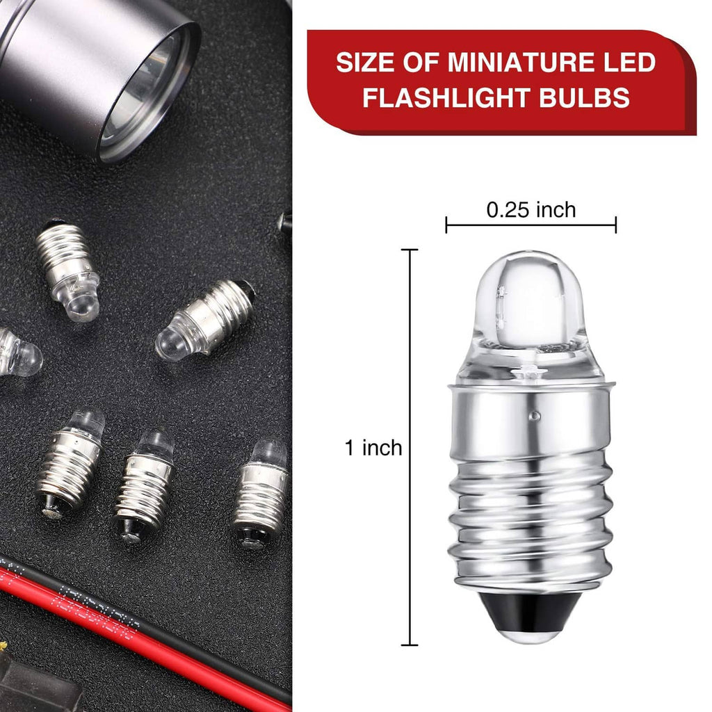 Mini E10 LED flashlight bulbs with clear lens and silver threaded metal bases