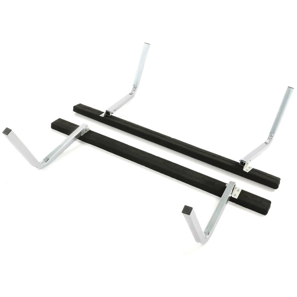 Black boat trailer bunk boards with adjustable silver guide frame and U-brackets