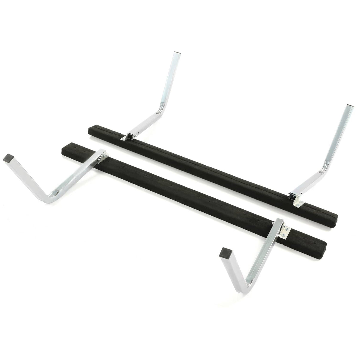 Black boat trailer bunk boards with adjustable silver guide frame and U-brackets