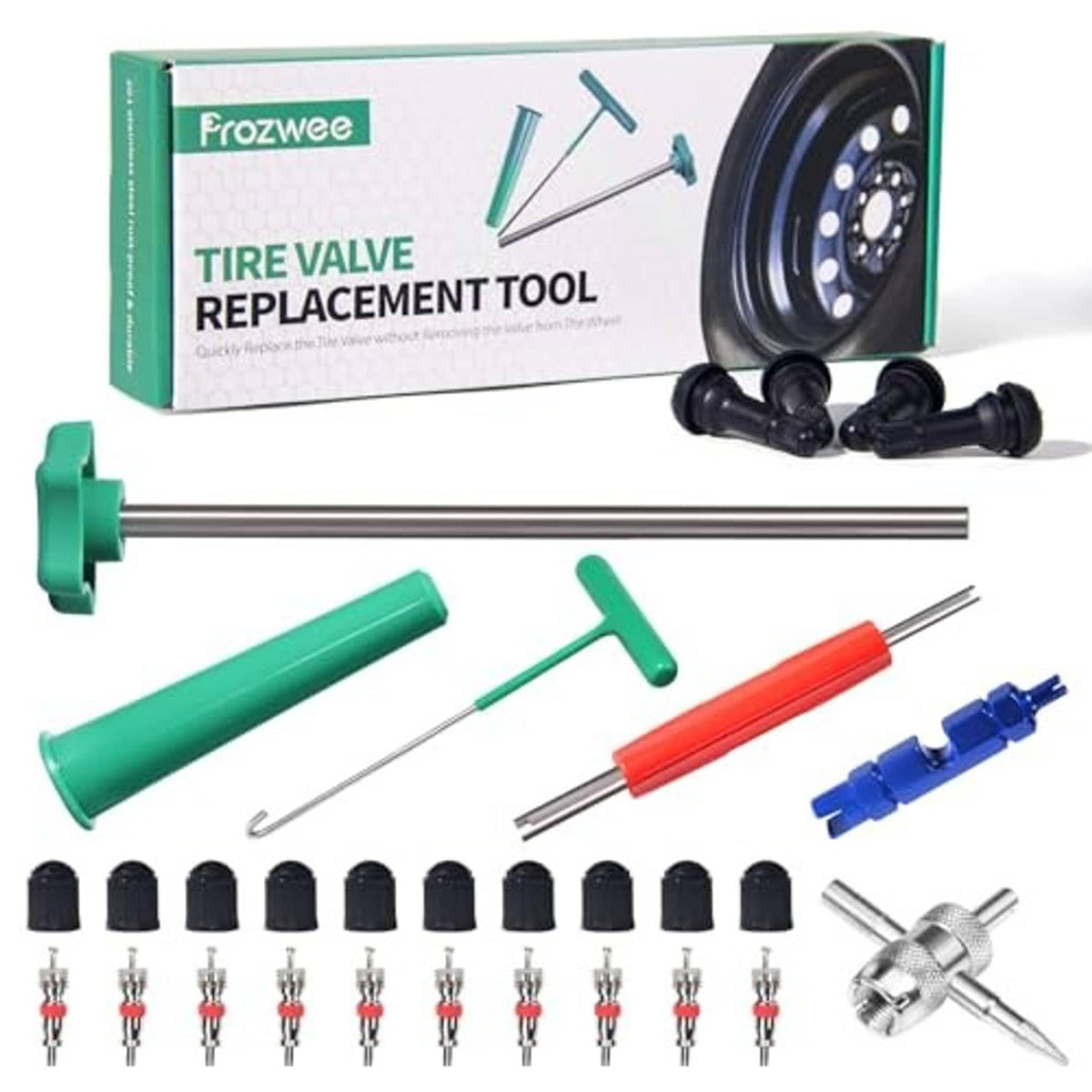 Tire valve stem tool set with green and red plungers, T-hook, and valve core caps