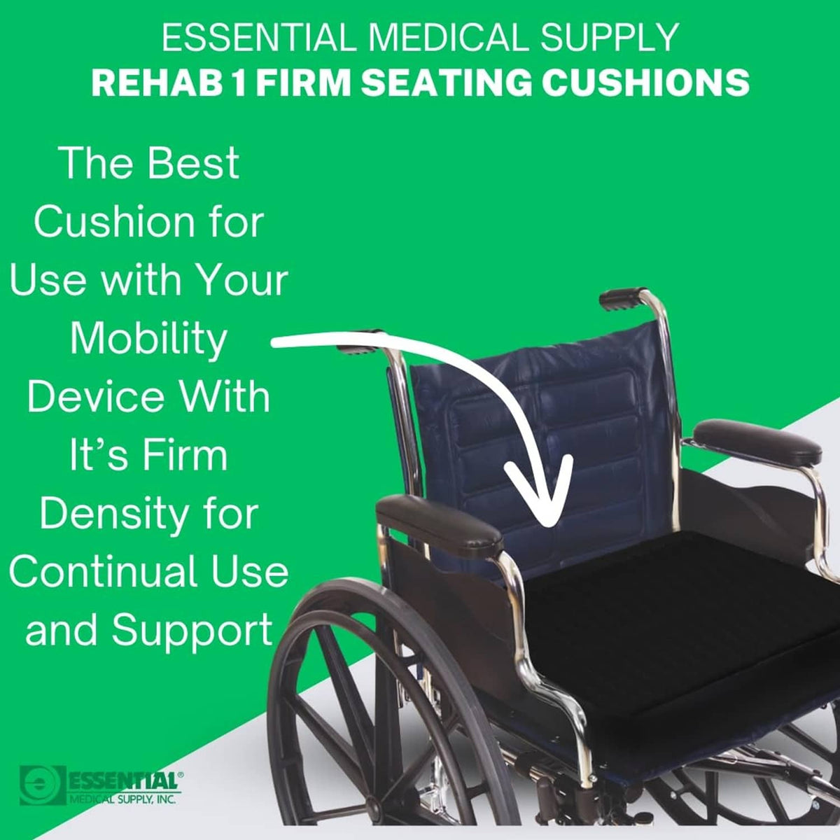 Firm foam seating cushion on wheelchair seat, dark charcoal