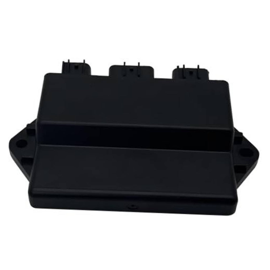 Black electronic ignition control box with top cover and three latch tabs