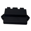 Black electronic ignition control box with top cover and three latch tabs