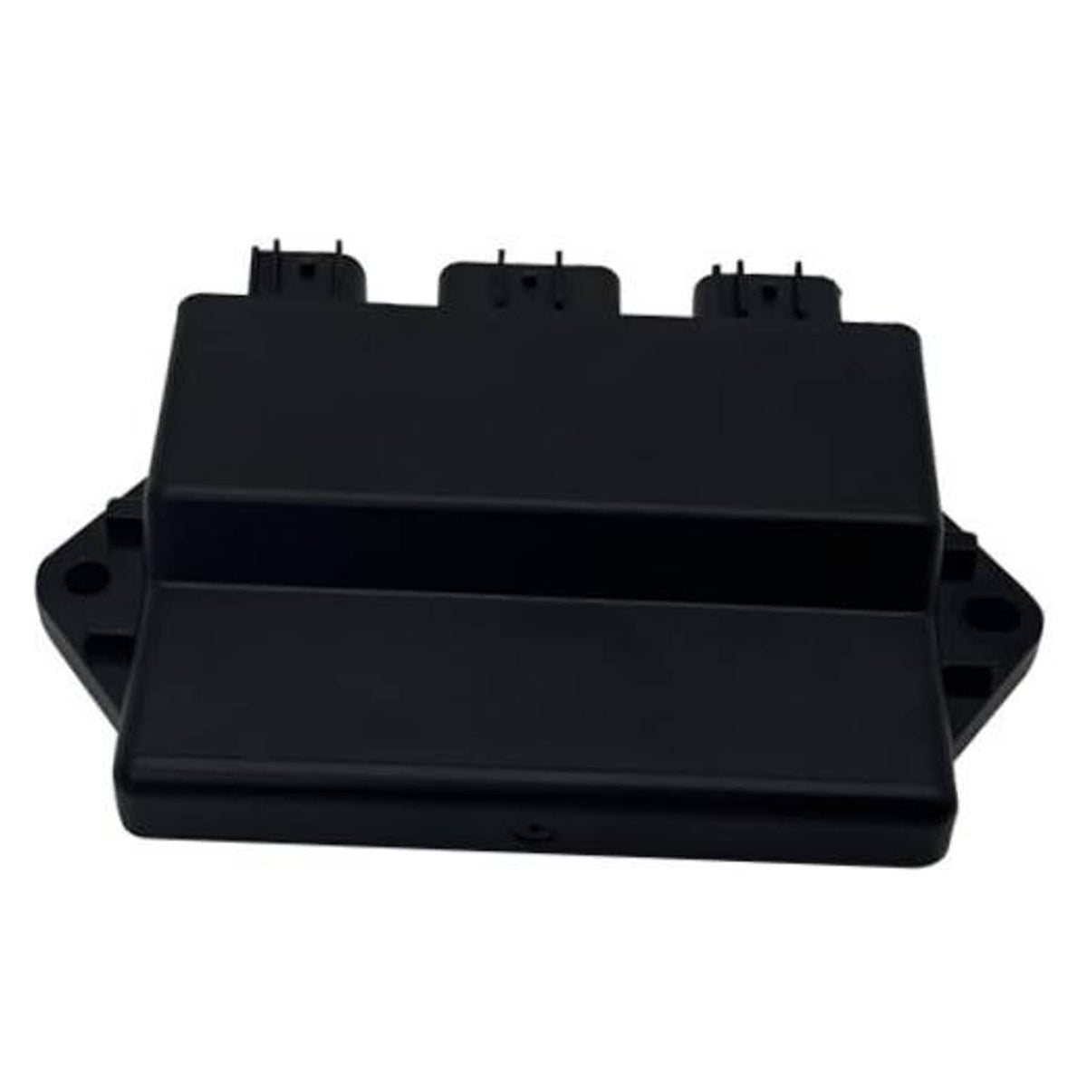 Black electronic ignition control box with top cover and three latch tabs