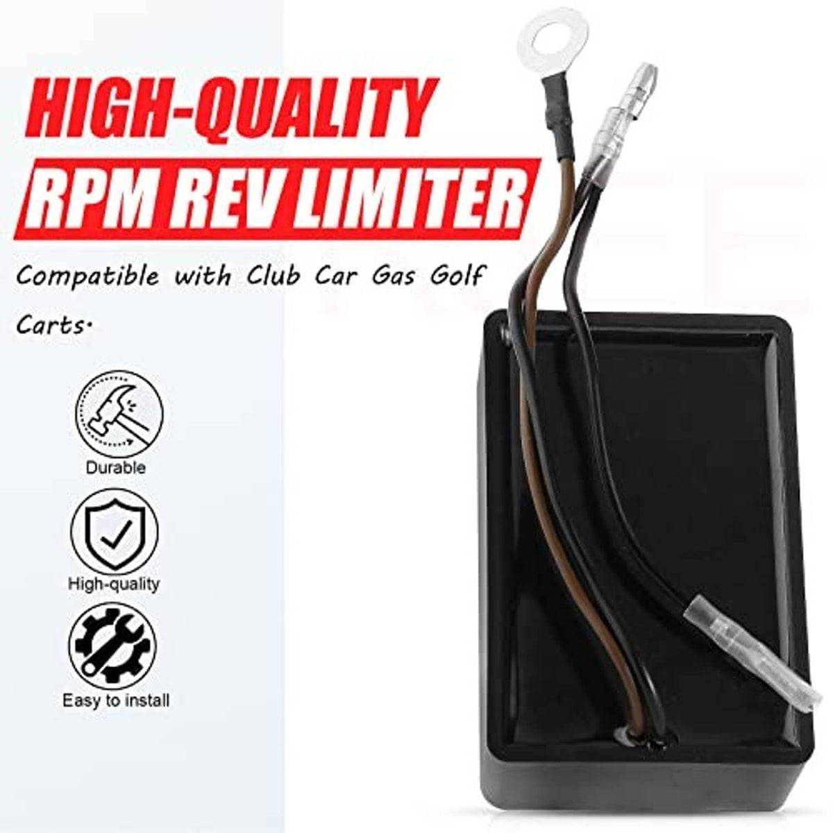 RPM rev limiter module with black housing and dual wires with clear connector ends