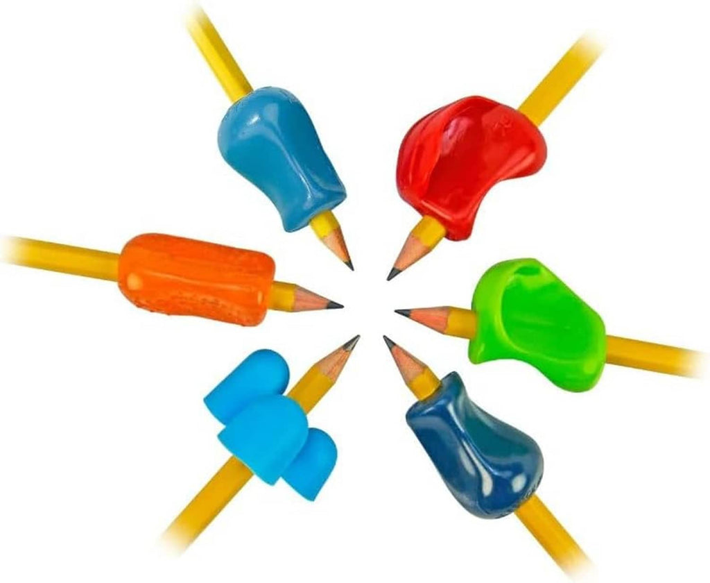 Assorted pencil grips with blue, red, orange, and green ergonomic covers in circle layout