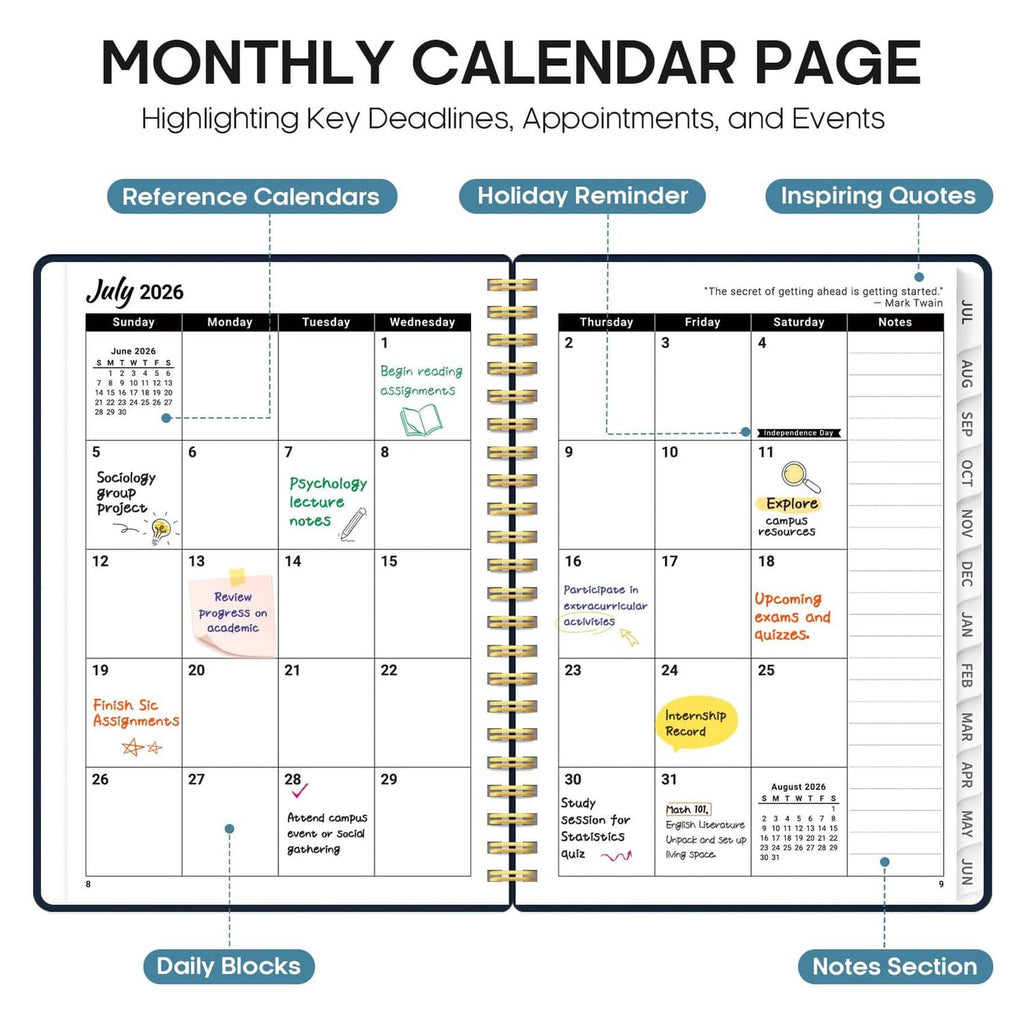 Open monthly calendar pages in spiral planner with highlighted key dates and notes