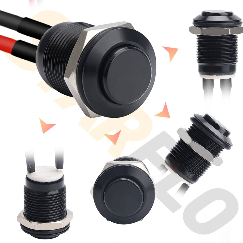 Momentary push button switch with black metal body, threaded mount nut, and contacts