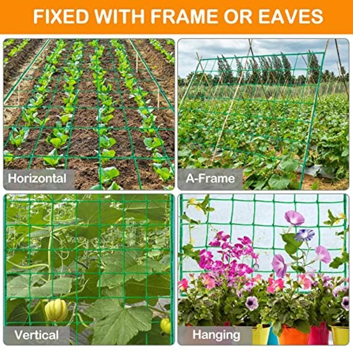 Green trellis netting with grid panels for horizontal, vertical, or hanging setup