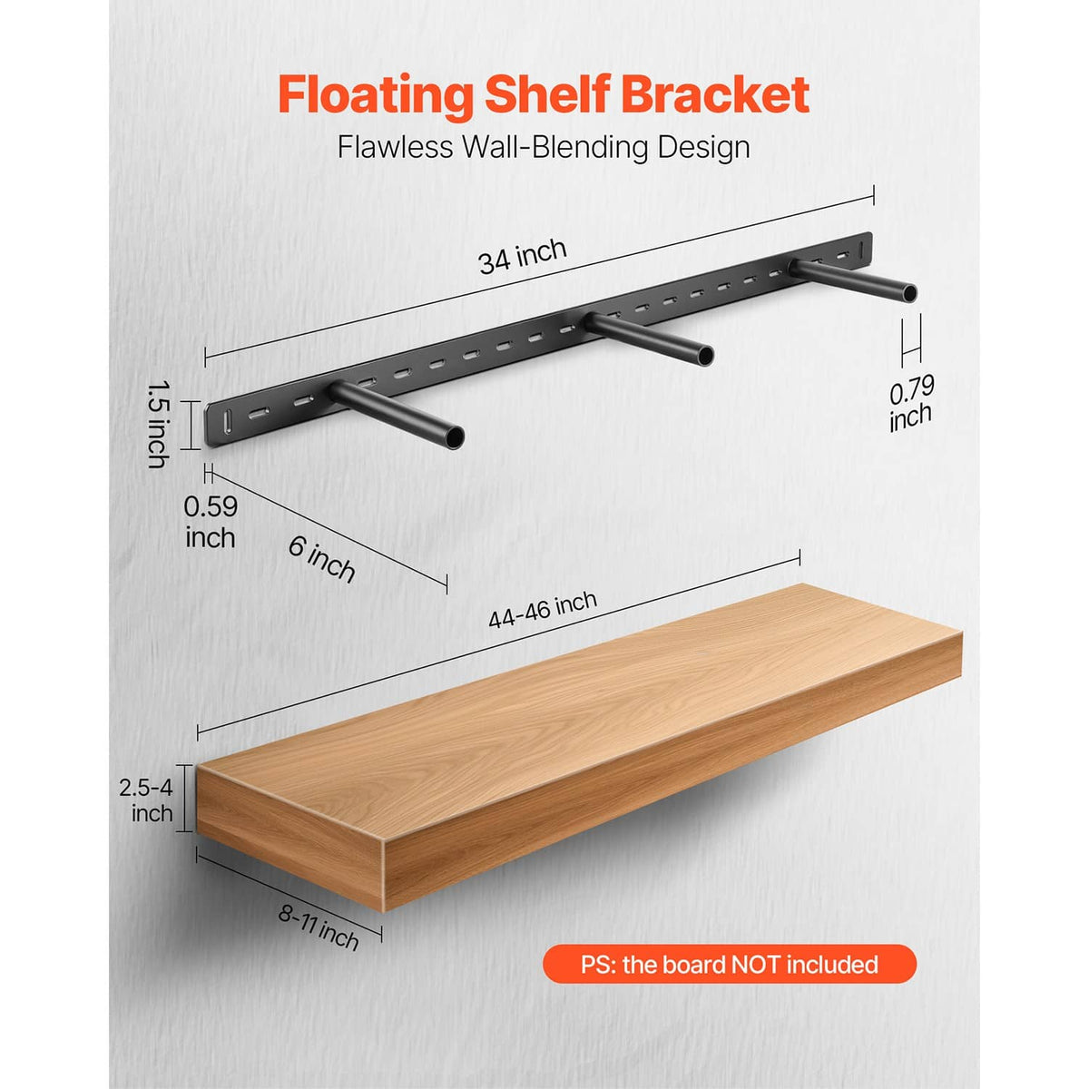 34 in floating shelf bracket with black steel rail and three support rods under a wood shelf