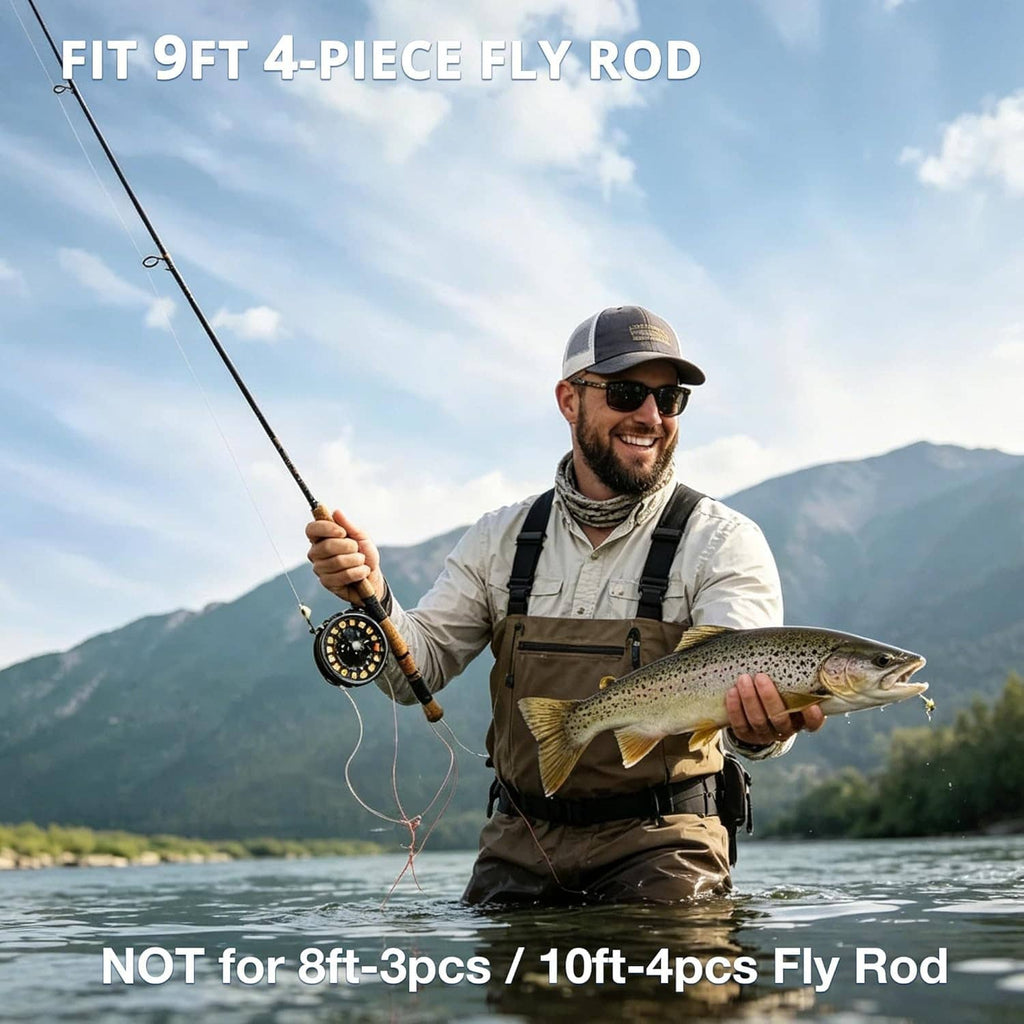 Black fly rod case worn crossbody with padded tube and side zip pouch for reel.