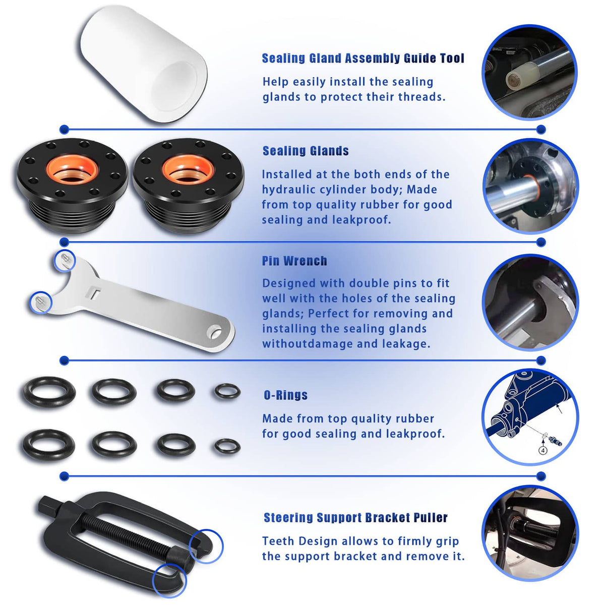 Hydraulic steering cylinder seal kit with sealing guide tool, two seal glands, pin wrench and O-rings