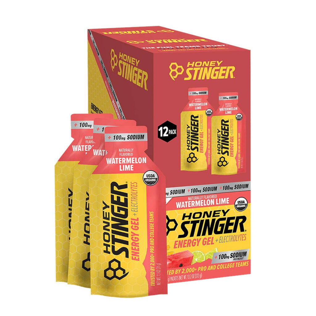 Watermelon lime energy gel 12-pack with Honey Stinger cartons and sachets