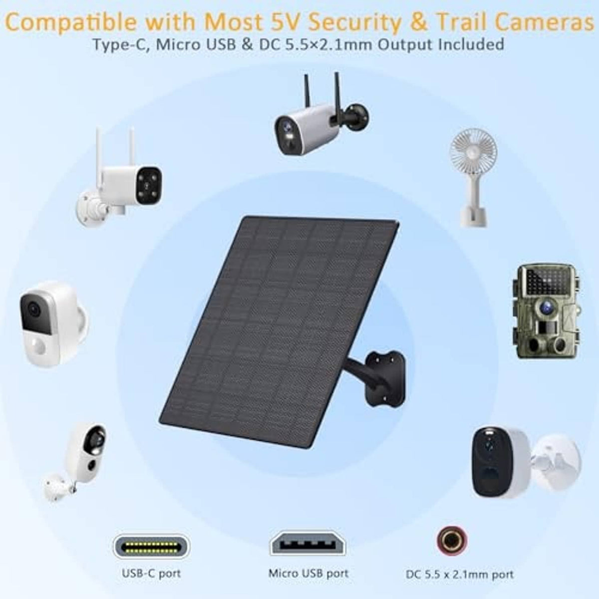 Black solar panel shown with compatible 5V camera devices and cable ports