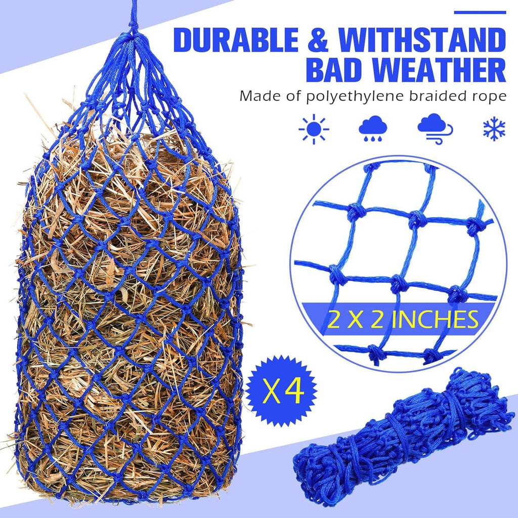 Blue slow feeder hay net bag with drawstring, set with extra nets