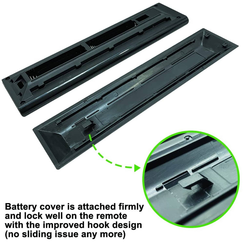 Black remote battery compartment base with firmly attached battery cover and locked tabs