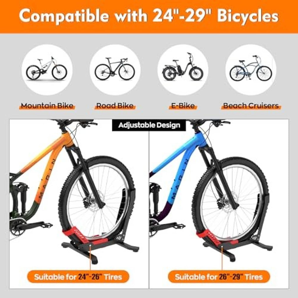 Portable bike floor stand adjustable for 24"–29" tires, shown with different bike types
