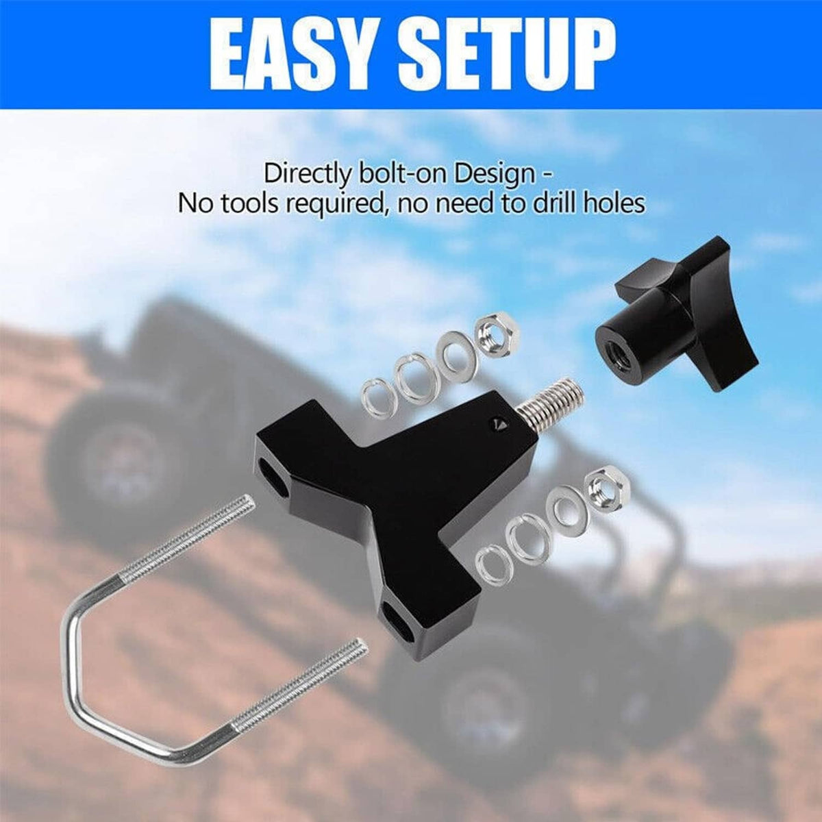 Black tube mount jack bracket with U-bolts and spring-style hardware set