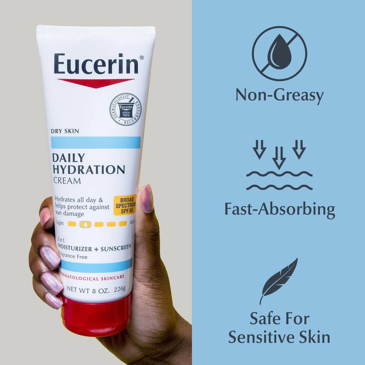Eucerin sunscreen body cream tube in hand, non-greasy and fast-absorbing