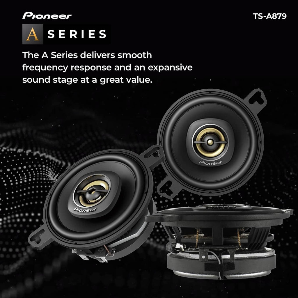 Two black Pioneer 2-way speakers with gold-center tweeters, angled front view
