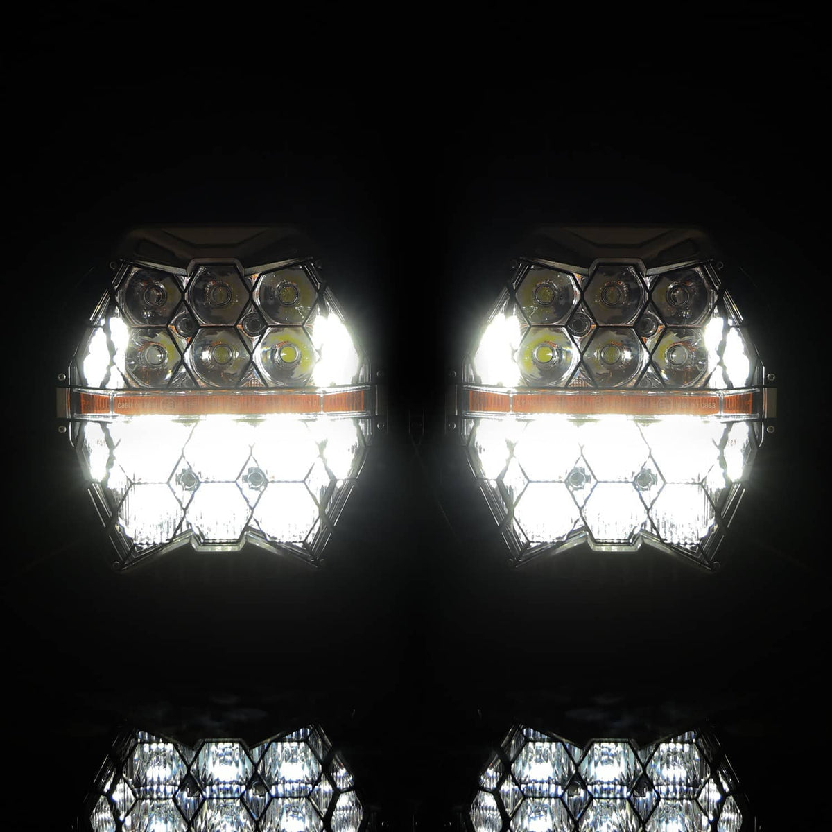 LED headlight with DRL, showing bright white hexagonal light segments on a pair