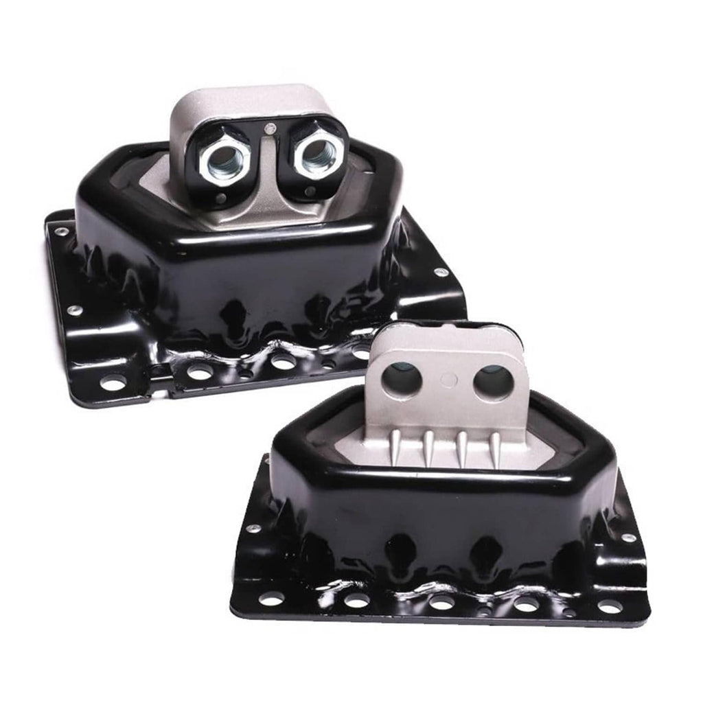 Pair of black engine mounts with silver mounting brackets and visible hardware