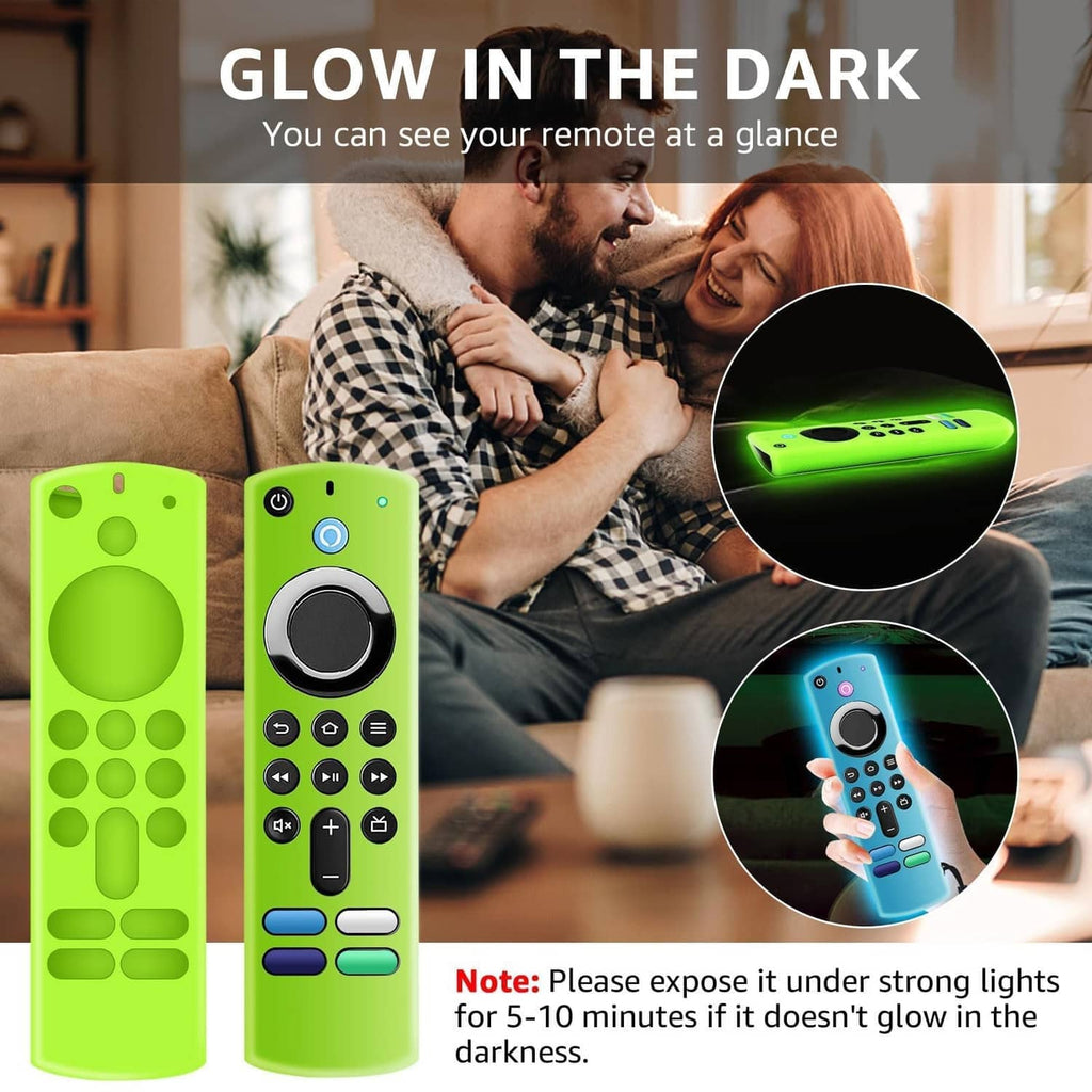 Glow-in-the-dark neon green silicone remote cover with button layout