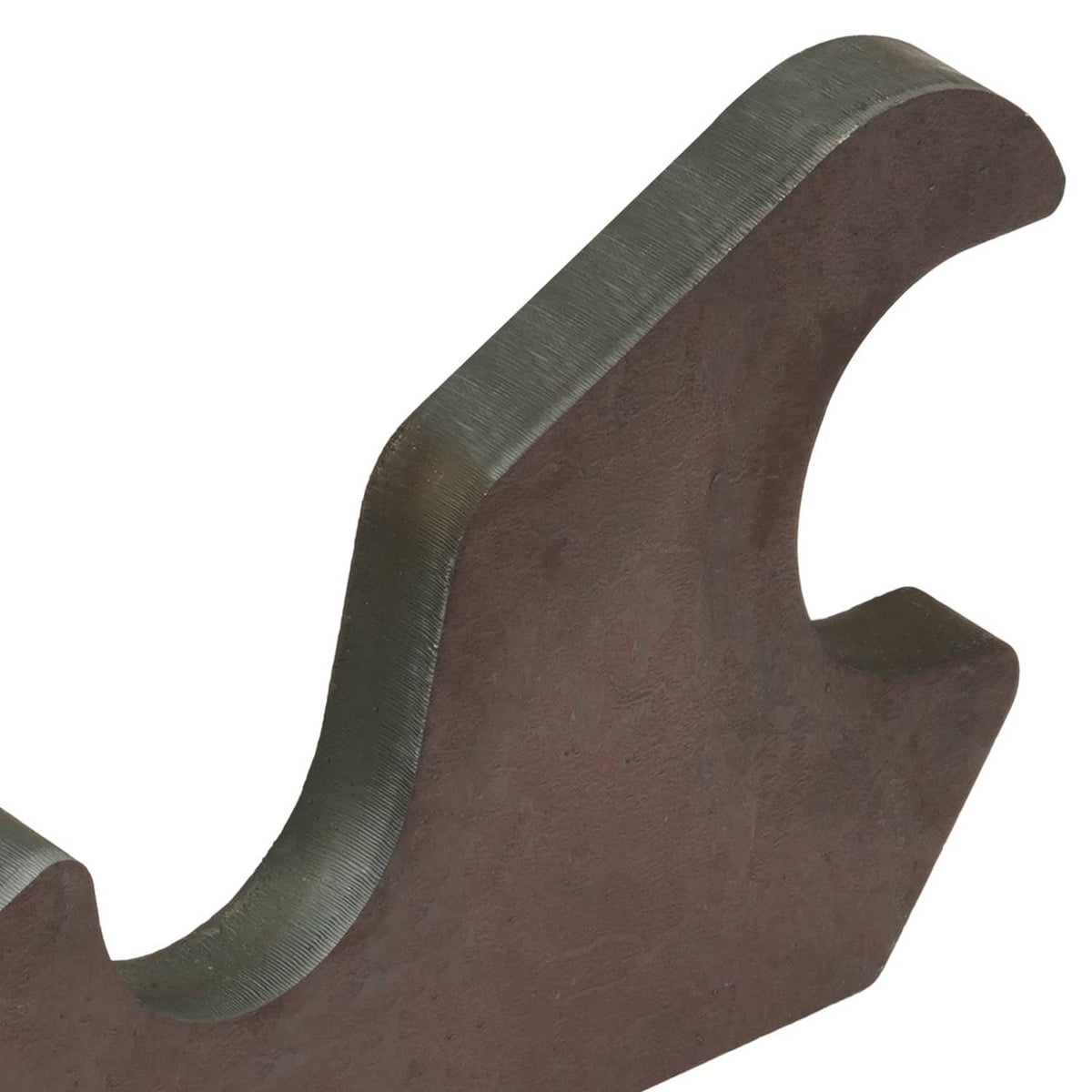 Close-up of bucket ears bracket with curved top notch and brown steel surface