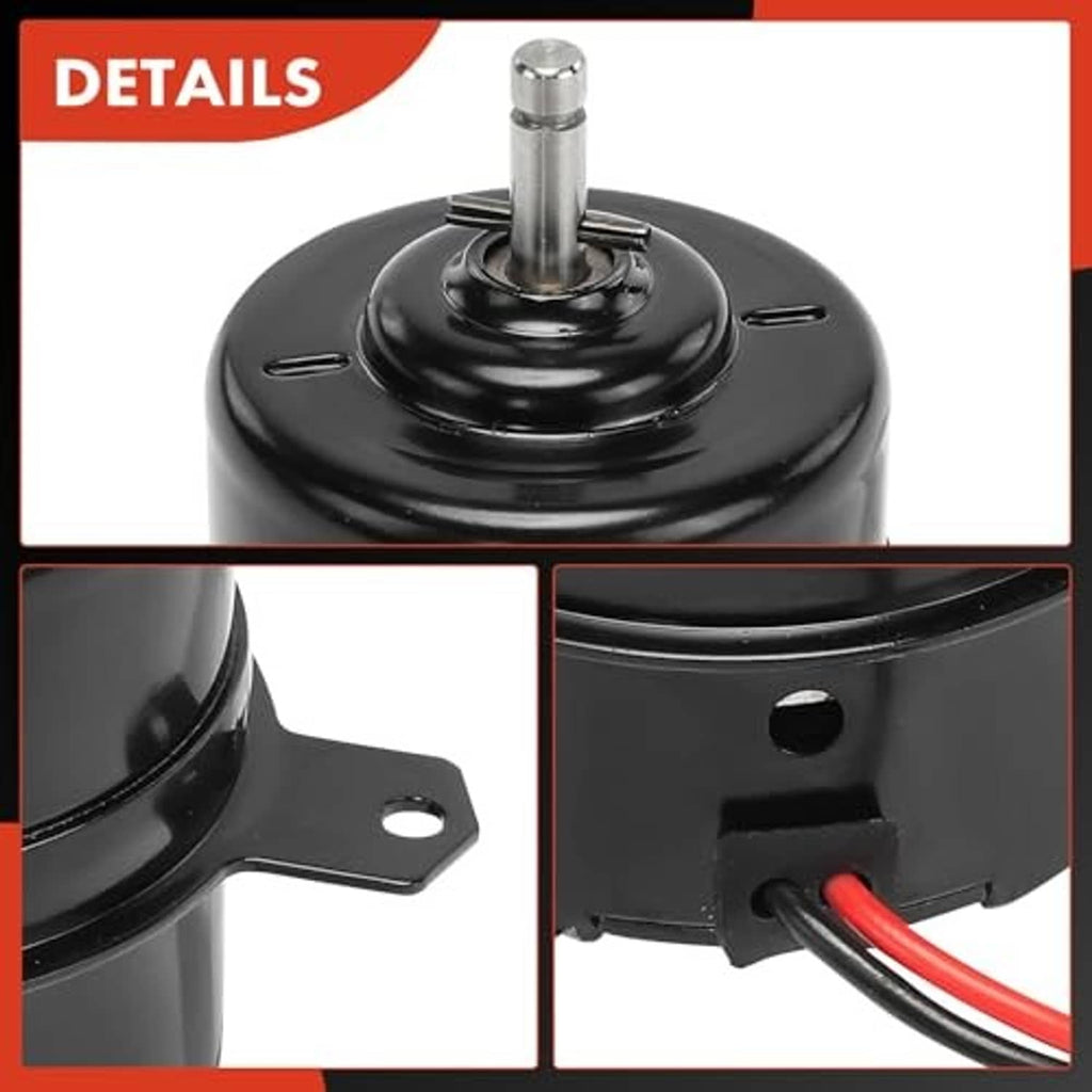 Radiator fan motor close-up with top shaft, mounting tab, and red wire lead