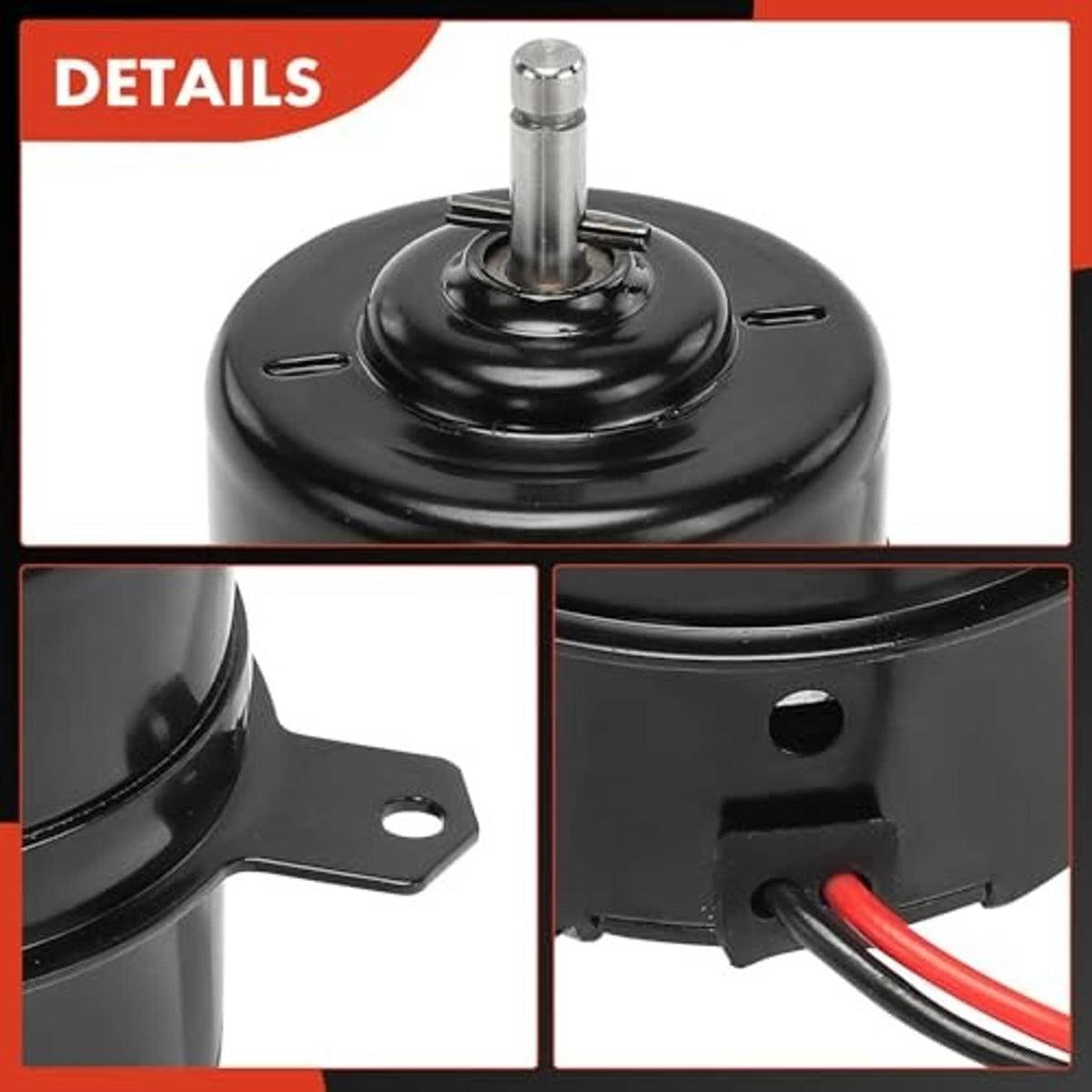 Radiator fan motor close-up with top shaft, mounting tab, and red wire lead