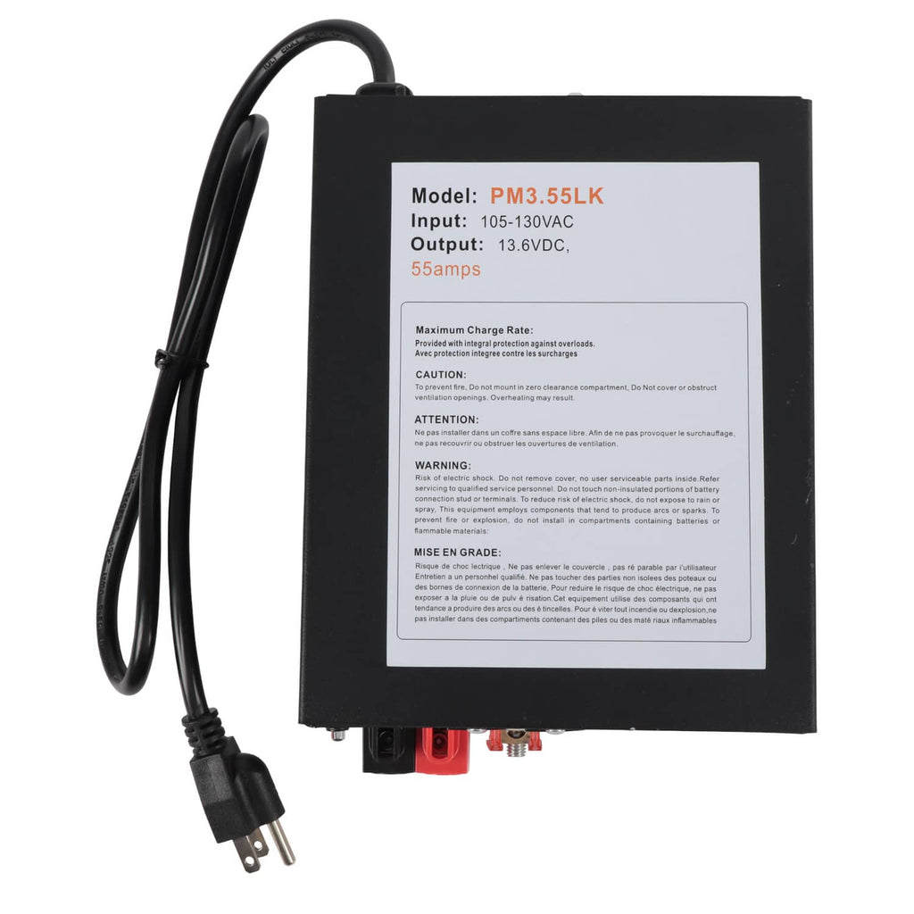 Black RV power converter label panel showing input and 55A output rating