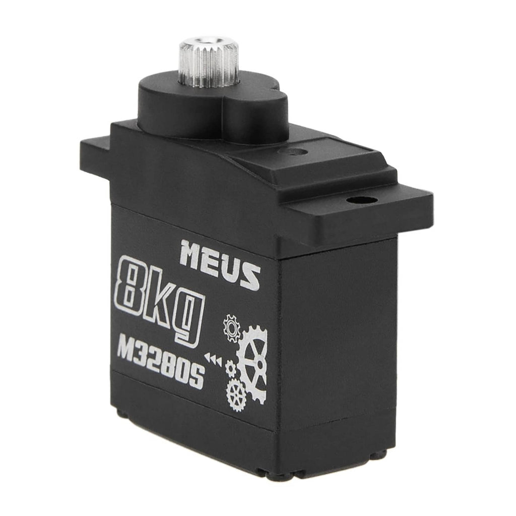 Black RC micro servo side view with MEUS 8kg M3280S label and top spline shaft