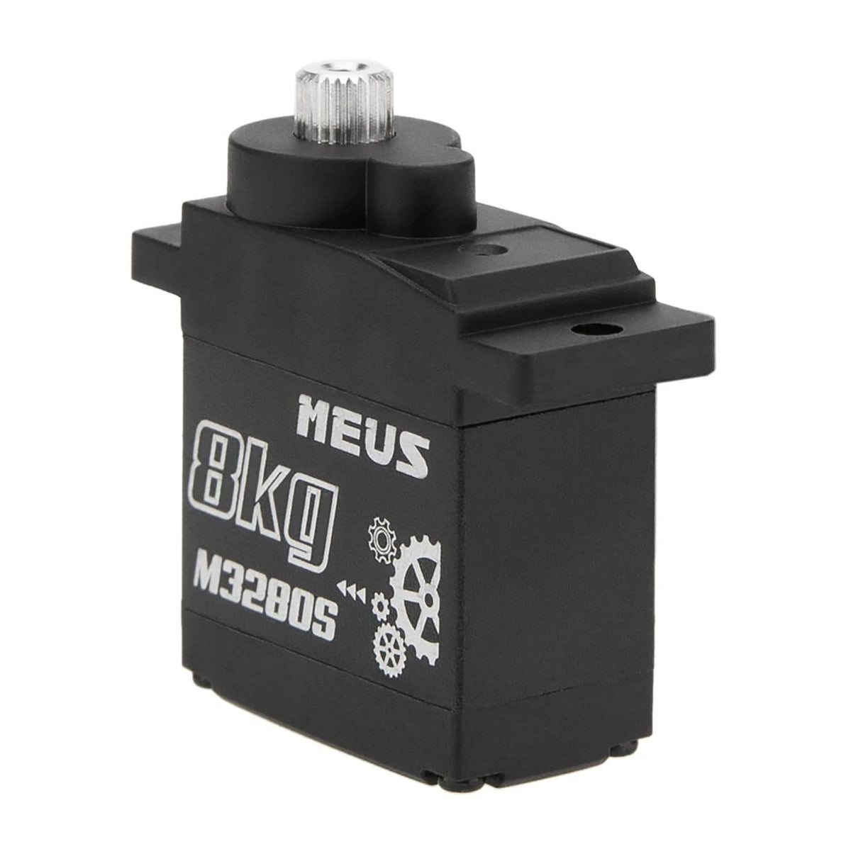 Black RC micro servo side view with MEUS 8kg M3280S label and top spline shaft