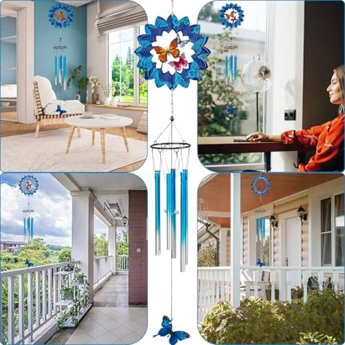 Blue wind chime with 3D blue flower topper and hanging aluminum tubes